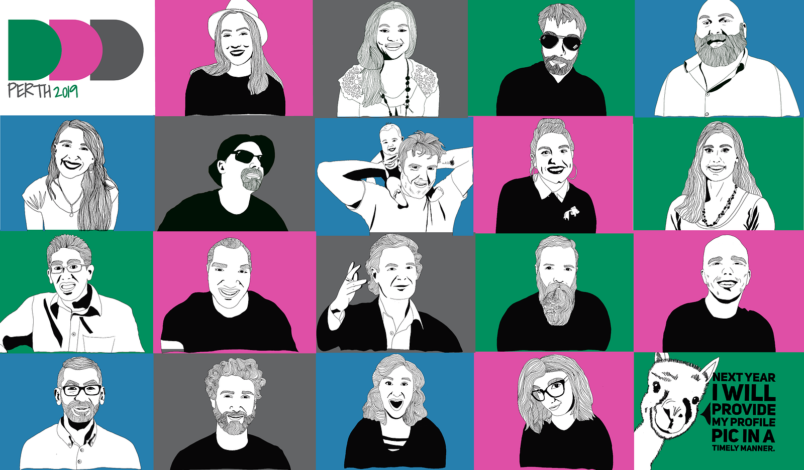 Grid of black-and-white line drawings of the 2019 DDD Perth team on pink, green, blue and grey tiles, beside the DDD Perth 2019 logo. The last tile is an alpaca saying "Next year I will provide my profile pic in a timely manner."