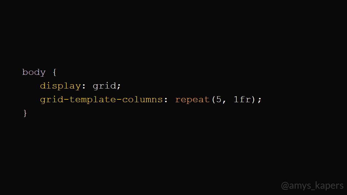 Example code slide on a dark background, syntax highlighted: body { display: grid; grid-template-columns: repeat(5, 1fr); }