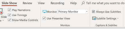Screenshot of PowerPoint SlideShow settings, showing a checkbox to “Always Use Subtitles” and a button to open more Subtitle Settings