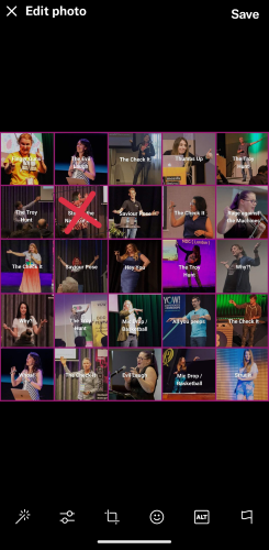A screenshot, taken on a phone, of the speaker pose bingo card.